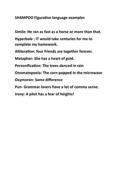 SHAMPOO Figurative language examples
Simile: He ran as fast as a horse or more than that.
Hyperbole : IT would take centuries