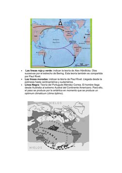 •
 Las líneas roja y verde: indican la teoría de Alex Härdlicka. Olas 
sucesivas por el estrecho de Bering. Esta teoría tambi