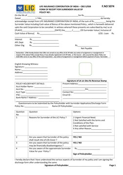 Lic Surrender Application Form LIC Surrender Form 5074 Receipt Template | PDF | Insurance | Life Insurance
