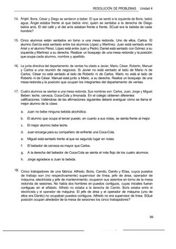 RESOLUCIÓN DE PROBLEMAS
Unidad 4
99
14. Ángel, Boris, César y Diego se sentaron a beber. El que se sentó a la izquierda de Bo