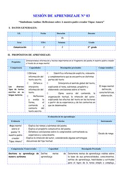SESIÓN DE APRENDIZAJE N° 03
 
“Simbolismo Andino: Reflexiones sobre A nuestro padre creador Túpac Amaru”
I. DATOS GENERALES: