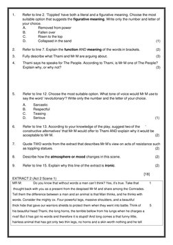 1. 
Refer to line 2. ‘Toppled’ have both a literal and a figurative meaning. Choose the most 
suitable option that suggests t