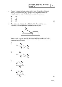 PHYSICAL SCIENCES: PHYSICS   
(Paper 1) 
4 
 
P.T.O. 
 
 
 
1.4 
A car of mass m collides head-on with a truck of mass 2 m. I