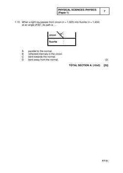 PHYSICAL SCIENCES: PHYSICS   
(Paper 1) 
7 
 
P.T.O. 
 
 
 
1.10 When a light ray passes from zircon (n = 1,923) into fluorit