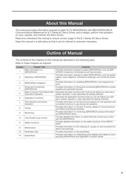 iii
About this Manual
This manual provides information required to select Σ-7S SERVOPACKs with MECHATROLINK-III 
Commu