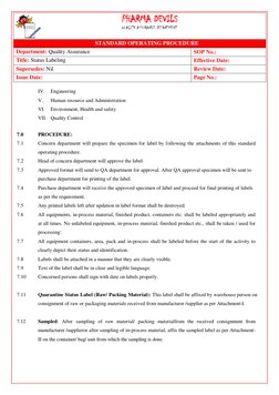 Status Labeling SOP for Pharma Industry | PDF | Quality Assurance ...