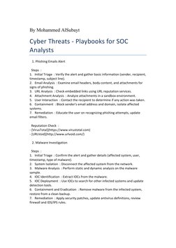 By Mohammed AlSubayt 
Cyber Threats - Playbooks for SOC 
Analysts  
   1. Phishing Emails Alert 
 
  Steps  : 
1.   Initial T