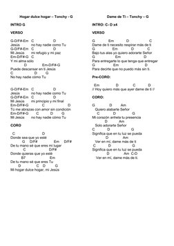 Hogar dulce hogar – Tonchy - G
INTRO G 
VERSO
G-D/F#-Em   C                    D
Jesús 
no hay nadie como Tu
G-D/F#-Em   C