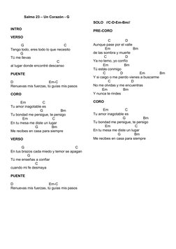 Salmo 23 – Un Corazón - G
INTRO
VERSO
G
 C
Tengo todo, eres todo lo que necesito
          G
Tú me llevas