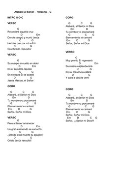 Alabare al Señor – Hillsong – G
INTRO G-D-C
VERSO
              G
Recordaré aquella cruz
                   D