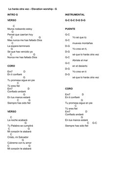 Lo harás otra vez – Elevation worship - G
INTRO G
VERSO
        C
Muros rodeando estoy
      G
Pensé que caerían hoy
     C