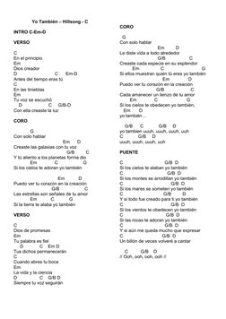 Yo También – Hillsong - C
INTRO C-Em-D
VERSO
C
En el principio
Em
Dios creador
D                              C      Em-D
Ant