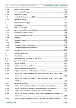 Pós Graduação em Engenharia Ferroviária 
Dinâmica e frenagem Ferroviária 
 
 
UNIVIX / VALE 
Professor: José Luiz Borba 
IV
