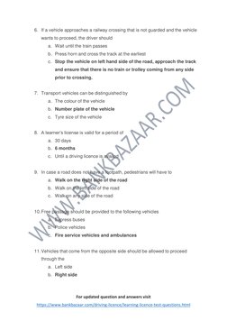 For updated question and answers visit 
https://www.bankbazaar.com/driving-licence/learning-licence-test-questions.html  (h