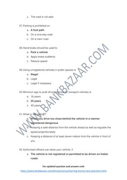 For updated question and answers visit 
https://www.bankbazaar.com/driving-licence/learning-licence-test-questions.html  (h