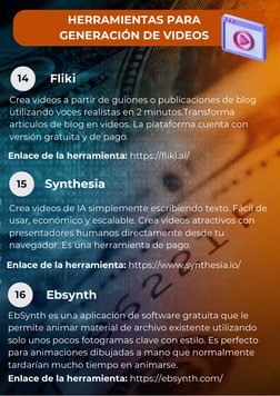14
15
16
HERRAMIENTAS PARA
GENERACIÓN DE VIDEOS
Fliki
Crea videos a partir de guiones o publicaciones de blog
utilizando voce