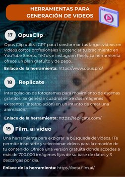 17
18
19
HERRAMIENTAS PARA
GENERACIÓN DE VIDEOS
OpusClip
Opus Clip utiliza GPT para transformar tus largos videos en
videos c