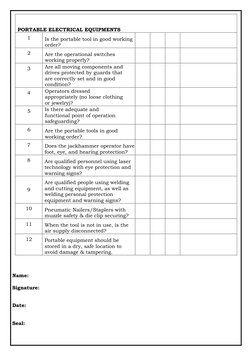 PORTABLE ELECTRICAL EQUIPMENTS 
1 
Is the portable tool in good working 
order? 
 
 
 
 
2 
Are the operational switches 
w