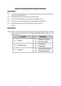 Grade 11 Animal Diversity Questions | PDF | Biology | Organisms