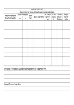 YOUR EMPLOYMENT CARD 
Please mention all your activities, starting with your current employment/profession 
Name and Full