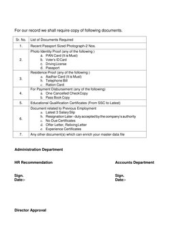 For our record we shall require copy of following documents. 
 
Sr. No. 
List of Documents Required 
1. 
Recent Passport