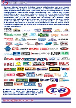 FINDER
taoboa@taoboa.com.br
TÃOBOA DISTRIBUIDORA
BZM
ATEL
ATEL
ITAP
INDÚSTRIA ITAPIRENSE PEÇAS LTDA
LWACC
NORFLEX
BROKITS
PEL