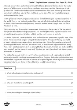 Grade 7 English Term 1 Test Paper | PDF | Poaching | Crime & Violence