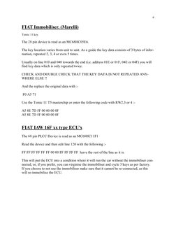 6 
FIAT Immobiliser. (Marelli)  
 
Temic 11 key. 
 
The 28 pin device is read as an MC68HC05E6. 
 
The key location varies fr