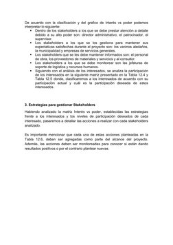 De acuerdo con la clasificación y del grafico de Interés vs poder podemos
interpretar lo siguiente: 

Dentro de los stakehol
