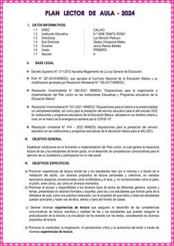 Plan Lector 2024 para Primer Grado | PDF | Educación primaria | Salón ...