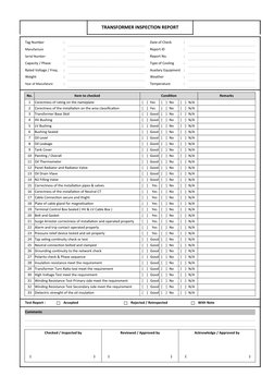 TRANSFORMER INSPECTION REPORT
Tag Number
:
Date of Check
:
Manufacture
:
Report ID
:
Serial Number
:
Report No.
:
Capacity /