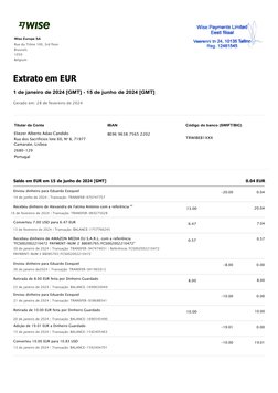 Wise Europe SA
Rue du Trône 100, 3rd floor 
Brussels
1050
Belgium
Extrato em EUR
1 de janeiro de 2024 [GMT] - 15 de junho de