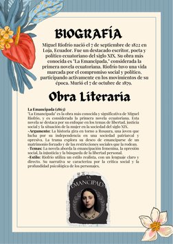 BIOGRAFÍA
Miguel Riofrío nació el 7 de septiembre de 1822 en
Loja, Ecuador. Fue un destacado escritor, poeta y
político ecuat