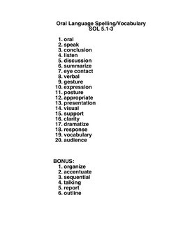 Oral Language Spelling/Vocabulary
SOL 5.1-3
1. oral
2. speak
3. conclusion
4. listen
5. discussion
6. summarize
7. eye contac