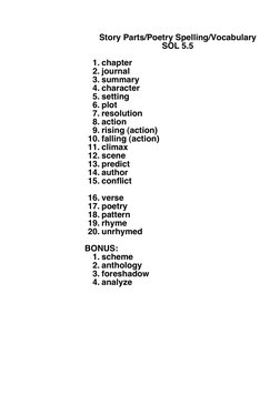 Story Parts/Poetry Spelling/Vocabulary
SOL 5.5
1. chapter
2. journal
3. summary
4. character
5. setting
6. plot
7. resolution