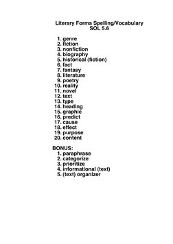 Literary Forms Spelling/Vocabulary
SOL 5.6
1. genre 
2. fiction
3. nonfiction
4. biography
5. historical (fiction)
6. fact
7.