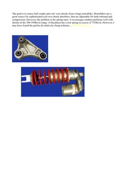 The goal is to source bell cranks and coil−over shocks from a large motorbike. Motorbikes are a 
great source for sophisticat
