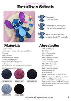 @pinkunicorn_crochet 
 
Detalhes Stitch 
12h aproximadamente 
 
 
 
 
 
 
 
Tamanho: 
31cm de altura 
 
 
Tempo para execução