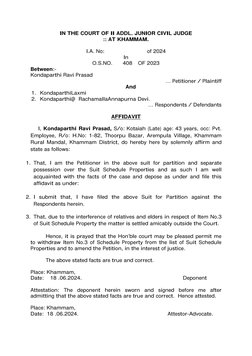 IN THE COURT OF II ADDL. JUNIOR CIVIL JUDGE  
:: AT KHAMMAM. 
 
I.A. No: 
 
 
of 2024 
In 
O.S.NO.  
408  OF 2023 
Between:-