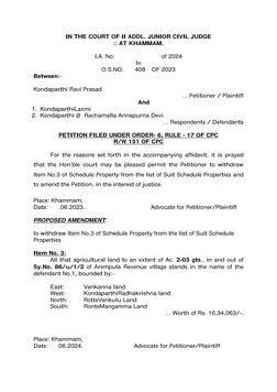 IN THE COURT OF II ADDL. JUNIOR CIVIL JUDGE  
:: AT KHAMMAM. 
 
I.A. No: 
 
 
of 2024 
In 
O.S.NO.  
408  OF 2023 
Between:-