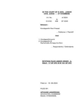 IN THE COURT OF II ADDL. JUNIOR 
CIVIL JUDGE  ::  AT KHAMMAM. 
 
I.A. No:  
 
of 2024 
In 
O.S.NO.      408  
OF 2023 
 
Be