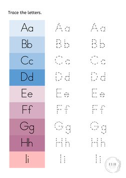 Trace the letters. 
Aa 
A a 
A a 
Bb 
B b 
B b 
Cc 
C c 
C c 
Dd 
D d 
D d 
Ee 
E e 
E e 
Ff 
F f 
F f 
Gg 
G g 
G g 
Hh 
H