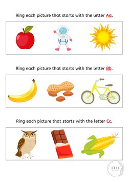 Ring each picture that starts with the letter Aa. 
 
Ring each picture that starts with the letter Bb. 
 
Ring each picture t