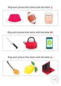 Ring each picture that starts with the letter Jj. 
 
Ring each picture that starts with the letter Kk. 
 
Ring each picture t