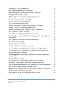 GUIDE TO CLEAR SPRING-BOOT MICROSERVICE 
INTERVIEW 
2 
 
What are the Types of Autowiring? 
21 
How to exclude a Bean fro