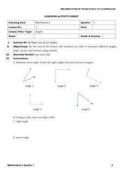 Q1 - WS - Mathematics 4 - Lesson 1 - Week 1 | PDF | Angle | Curriculum