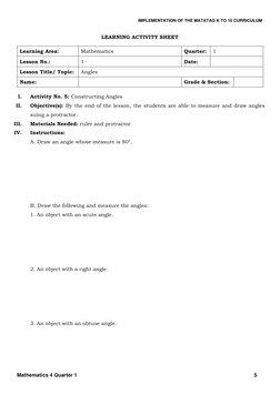 Q1 - WS - Mathematics 4 - Lesson 1 - Week 1 | PDF | Angle | Curriculum