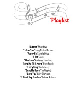 Playlist 
 
 
 
 
 
 
“Outcast”Shinedown 
“Follow You”Bring Me the Horizon 
“Paper Cut”Apollo Drive 
“I Bet”Ciara 
“One L