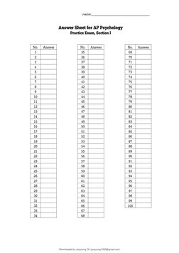 Name:____________________________________ 
Answer Sheet for AP Psychology 
Practice Exam, Section I 
No. 
Answer 
1 
2 
3 
4