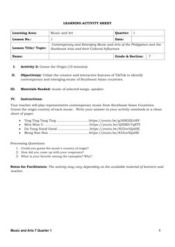 Grade 7 Music and Arts Activity Sheet | PDF | Learning | The Arts